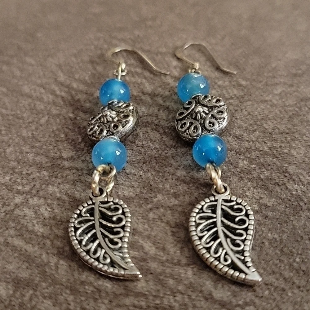3/$30 HANDMADE Blue Agate Beaded Leaf Charm Dangle Hook Earrings
